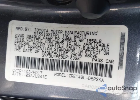 2013 Toyota Corolla S from USA, damaged, VIN 5YFBU4EE8DP183281